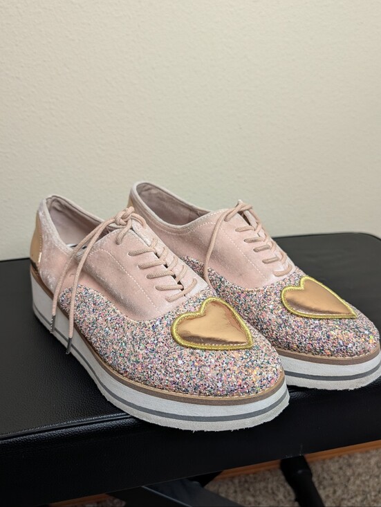 Betsey Johnson Shoes - Betsey Johnson Walker Glitter Platform Sneakers Heart Patch Pink Size 9